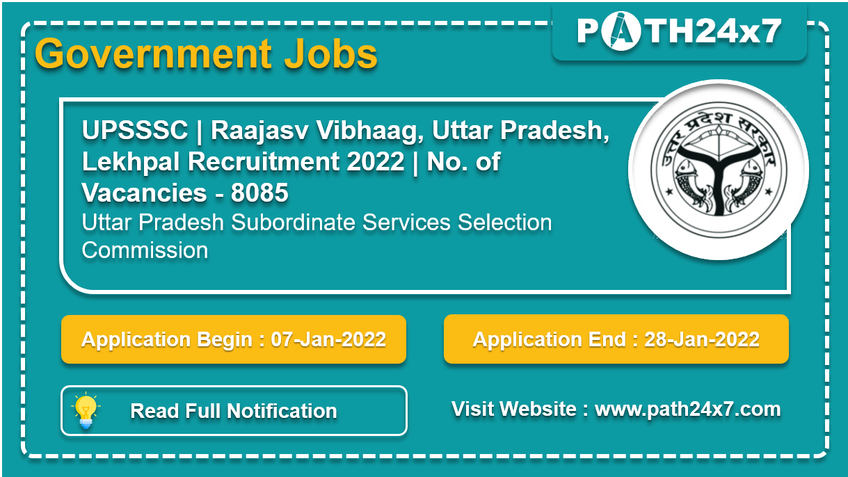 UPSSSC | Raajasv Vibhaag, Uttar Pradesh, Lekhpal Recruitment 2022 | No. of Vacancies - 8085 | Uttar Pradesh Subordinate Services Selection Commission